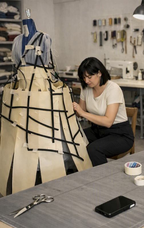 Jennifer De Michelis al lavoro in atelier sulla struttura in pelle nera di Vapore e Rotaia