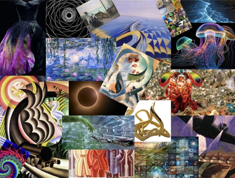 Moodboard della collezione: ninfee di Monet, dipinti futuristi, meduse luminose, un'eclissi, treni e spirali