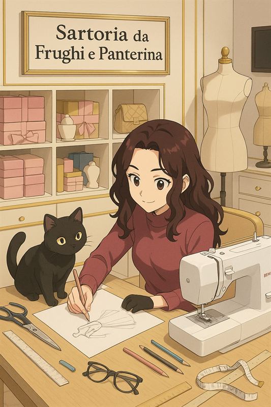 Illustrazione della Sartoria da Frughi e Panterina: Jennifer disegna un bozzetto al tavolo da lavoro, accanto al gatto nero Black e a una macchina da cucire