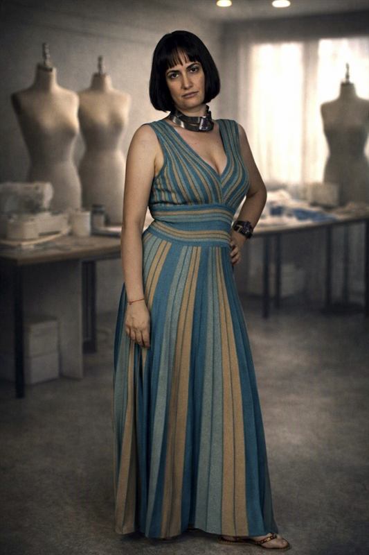 Jennifer De Michelis in piedi nel suo atelier, tra manichini e tavoli da lavoro
